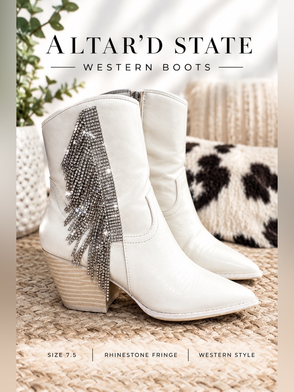 Altar’d State White Rhinestone Fringe Western Cowboy Boots Size 7.5